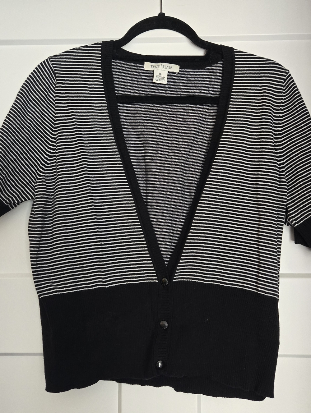 WHBM Black & White Striped V‑Neck Button Cardigan